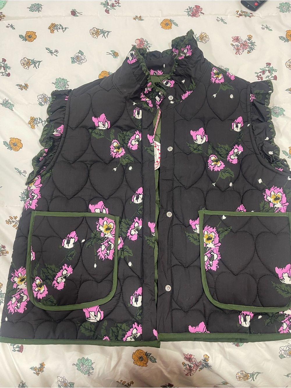 Umgee Olive Green Quilted vest  with Pink Floral Trim